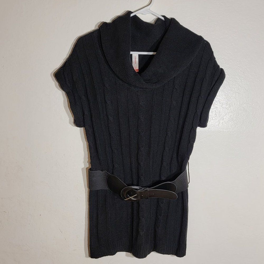 No Boundaries Cowl Neck Short Sleeve Cable Black Sweater Belted Dress sz L GUC